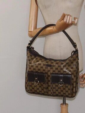 GUCCI GG Crystal Shoulder Bag Coated Canvas Outlet Brown Gold